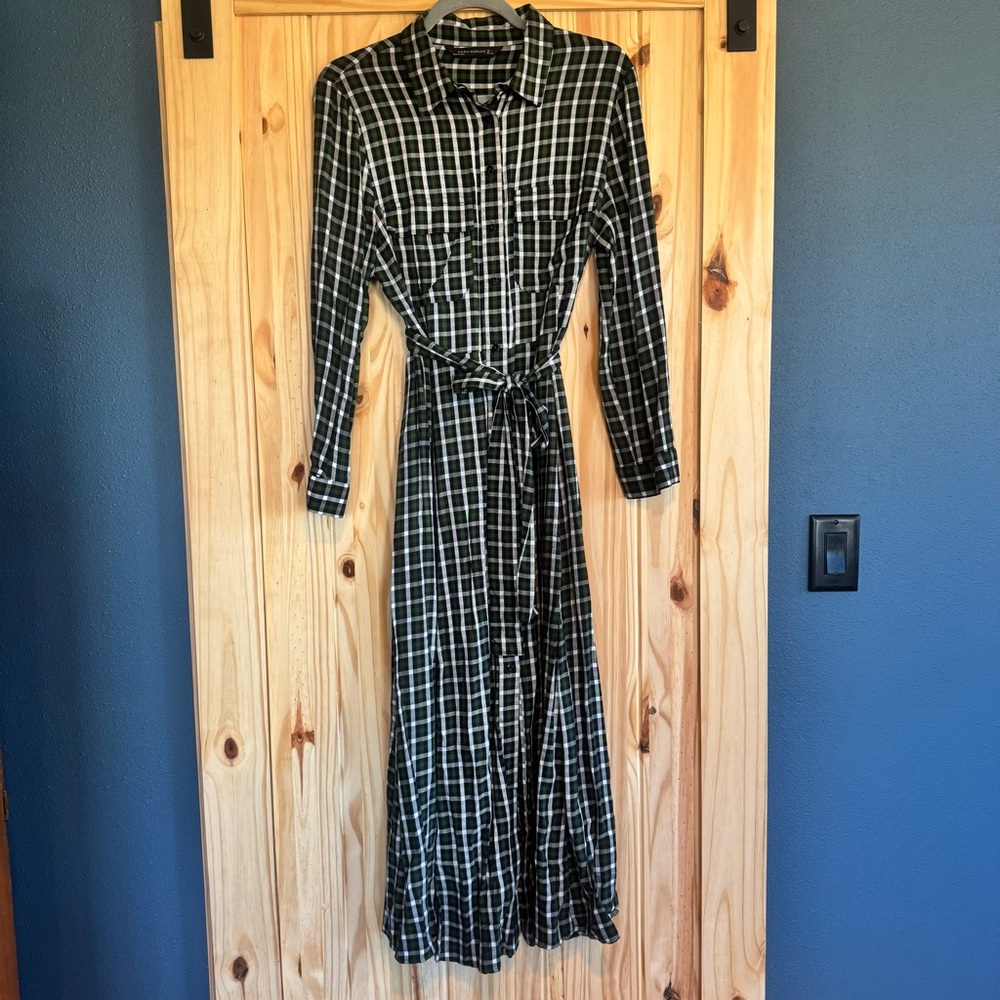 Zara Dark Green Checkered Long Sleeve Shirt Dress size Large - Picture 12 of 13